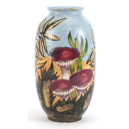 713 - Cobridge stoneware vase hand painted with toadstools, 22cm high