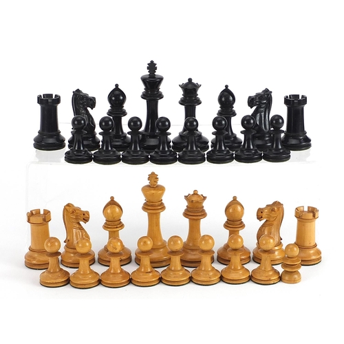 1365 - Manner of Jaques, Staunton pattern boxwood and ebonised chess set with mahogany case, the largest pi... 