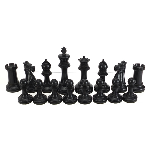 1365 - Manner of Jaques, Staunton pattern boxwood and ebonised chess set with mahogany case, the largest pi... 