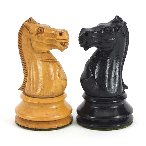 1365 - Manner of Jaques, Staunton pattern boxwood and ebonised chess set with mahogany case, the largest pi... 