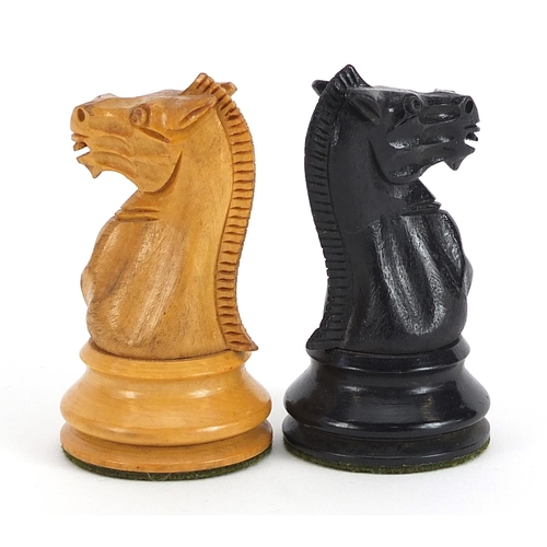 1365 - Manner of Jaques, Staunton pattern boxwood and ebonised chess set with mahogany case, the largest pi... 