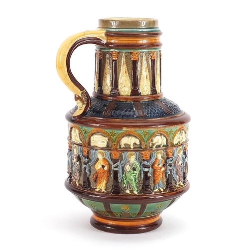 263 - Continental Maiolica pitcher decorated in relief with classical figures, impressed W & R to the base... 