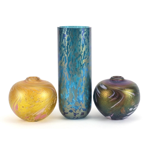 470 - Iridescent glassware including a cylindrical vase by Royal Brierley, the largest 18cm high