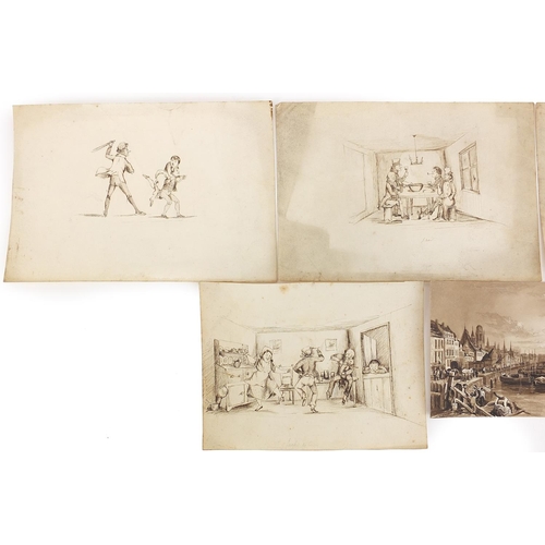 1112 - 19th century sepia watercolour of Frankfurt and four ink drawings including one titled Law, the larg... 