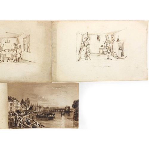 1112 - 19th century sepia watercolour of Frankfurt and four ink drawings including one titled Law, the larg... 