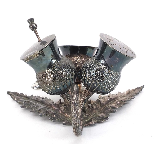 2261 - Victorian silver plated cruet set in the form of a thistle, with two spoons, 13cm wide