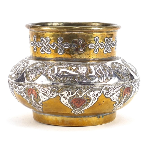 436 - Islamic Cairoware brass vase with silver and copper overlay, 8.5cm high