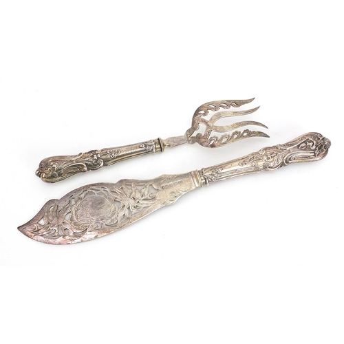 2241 - Henry Atkin Brothers, pair of Victorian silver fish servers, the knife engraved with a fisherman, Sh... 