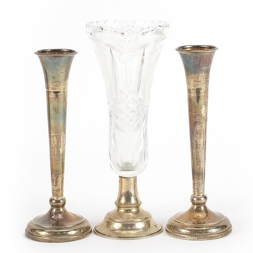 2234 - Pair of silver trumpet bud vases and a cut glass vase with silver base, the pair by A T Cannon Ltd, ... 