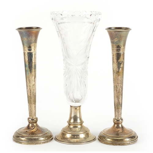 2234 - Pair of silver trumpet bud vases and a cut glass vase with silver base, the pair by A T Cannon Ltd, ... 