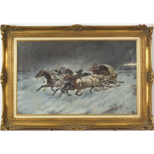 115 - Constantin Stoiloff - Russian quadriga fleeing attacking wolves, oil on canvas, mounted and framed, ... 