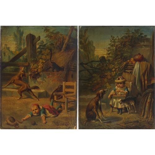 634 - Children with dogs, pair of overpainted prints laid on wood panels, signed David Col, each 22cm x 16... 