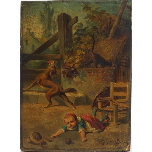 634 - Children with dogs, pair of overpainted prints laid on wood panels, signed David Col, each 22cm x 16... 