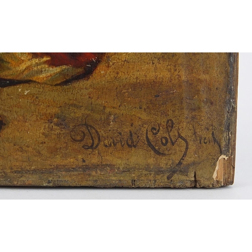 634 - Children with dogs, pair of overpainted prints laid on wood panels, signed David Col, each 22cm x 16... 