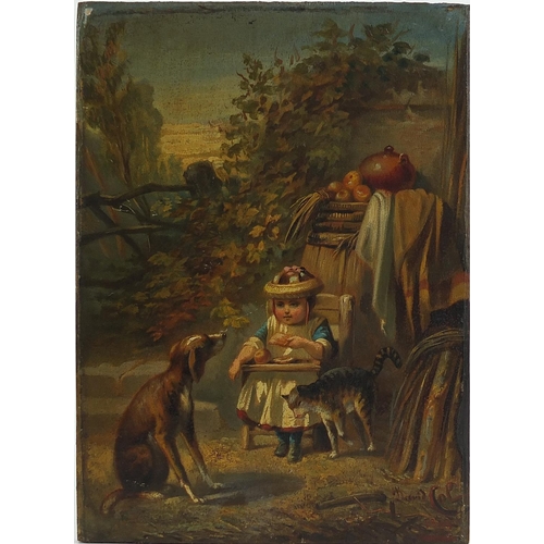 634 - Children with dogs, pair of overpainted prints laid on wood panels, signed David Col, each 22cm x 16... 