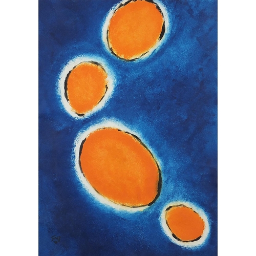 491 - Abstract composition, ovals, pair of mixed medias, mounted, framed and glazed, each 68cm x 48cm excl... 