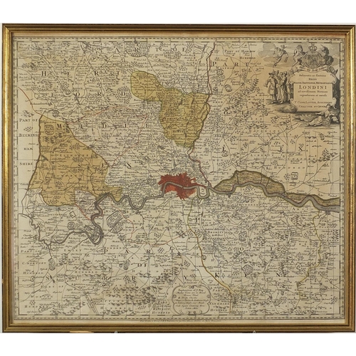 1476 - Antique hand coloured map of London, framed and glazed, 59cm x 51cm excluding the frame