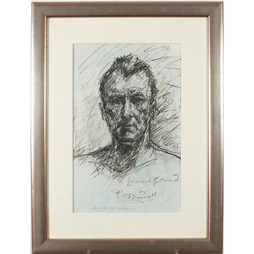 659 - T O'Donnell - Portrait of Lucian Freud, charcoal, inscribed, mounted, framed and glazed, 45cm x 28cm... 