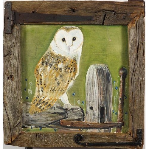 1199 - Clive Fredriksson - Barn owl on a gate post, oil on board, housed in a rustic wood frame, 44cm x 44c... 