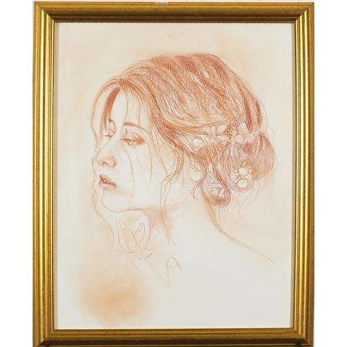 1198 - Clive Fredriksson - Head and shoulders portrait of a female, sanguine chalk, framed and glazed, 45cm... 