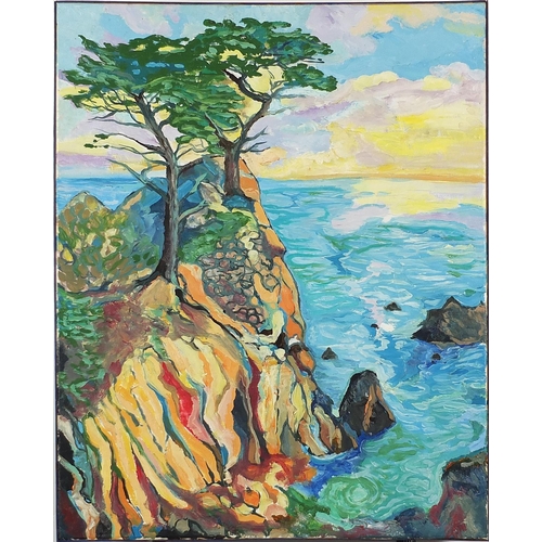 1169 - Clive Fredriksson - Continental coastal scene with trees, oil on canvas, framed, 75cm x 60cm excludi... 