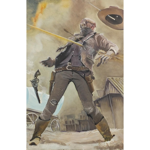 449 - Clive Fredriksson - Zombie cowboy before a town, oil on canvas, unframed, 95cm x 62cm