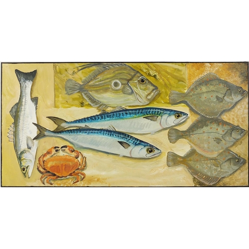 897 - Clive Fredriksson - Fish and crab, oil on board, framed, 99cm x 49.5cm excluding the frame