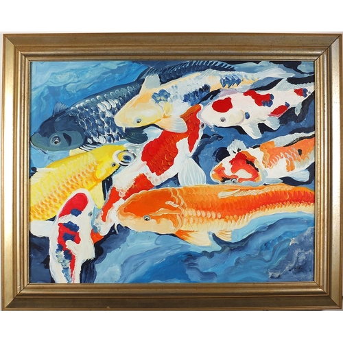 925 - Clive Fredriksson - Koi carp, oil on board, mounted and framed, 80cm x 62cm excluding the frame