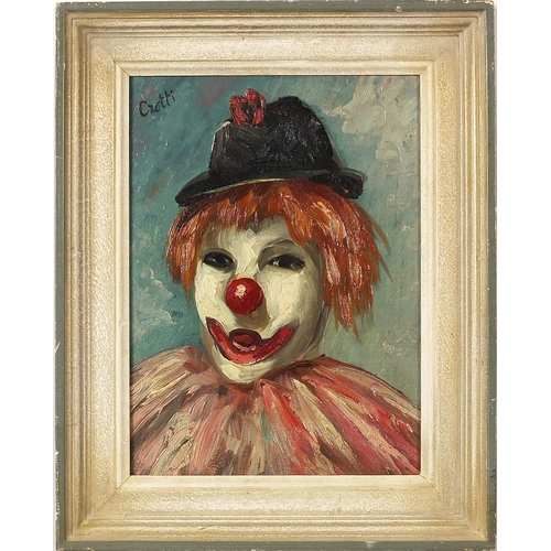 899 - Smiling clown, 1940s American/French school oil on Masonite, mounted and framed, 23cm x 16cm excludi... 