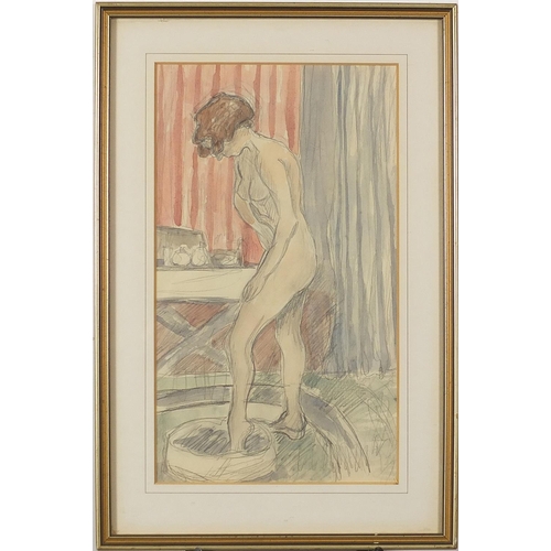 203 - Full length portrait of a nude female bathing, French school watercolour and pencil, mounted, framed... 