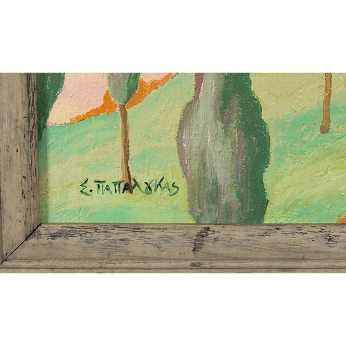 172 - Cypress trees before a church, Greek school oil on board, framed, 40cm x 27cm excluding the frame