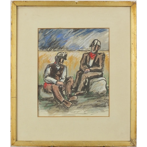 352 - After Josef Herman - Miner's resting, Modern British school mixed media, label verso, mounted, frame... 