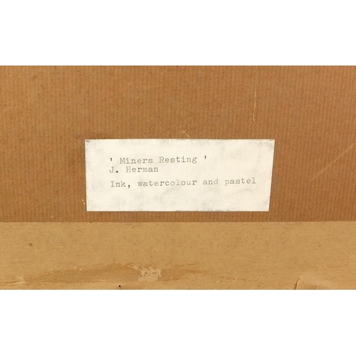 352 - After Josef Herman - Miner's resting, Modern British school mixed media, label verso, mounted, frame... 