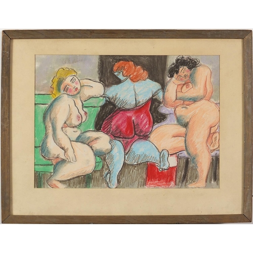 592 - Three nude females, French school mixed media on paper, indistinctly inscribed in pencil verso, moun... 