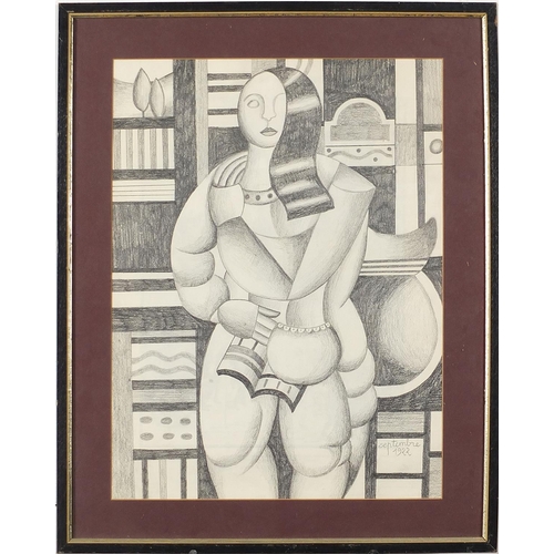 314 - Manner of Fernand Leger - Abstract composition, female reading, French school pencil, mounted, frame... 