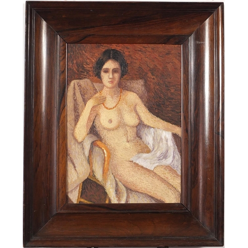 594 - Three quarter length portrait of a seated nude female wearing a coral necklace, French school oil on... 