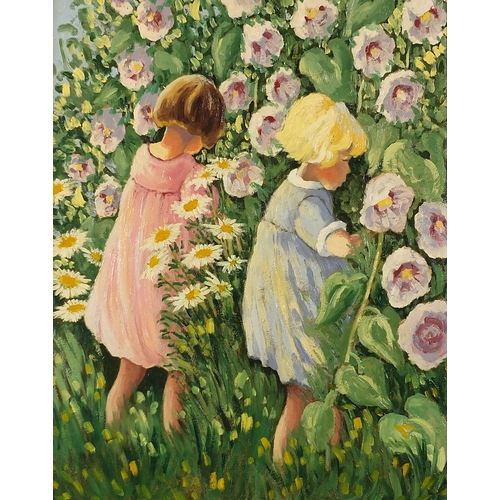 240 - Two young girls picking flowers, Modern British school oil on Masonite, framed, 49.5cm x 39.5cm excl... 