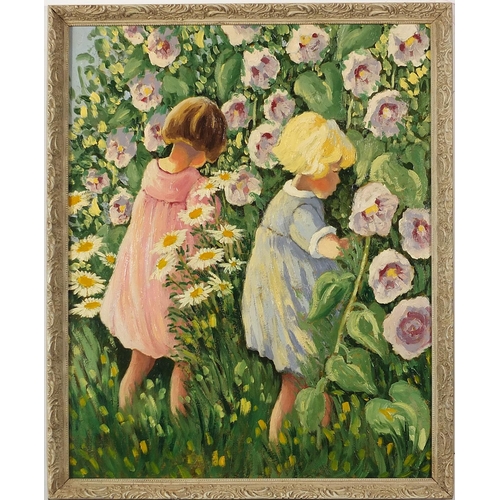 240 - Two young girls picking flowers, Modern British school oil on Masonite, framed, 49.5cm x 39.5cm excl... 