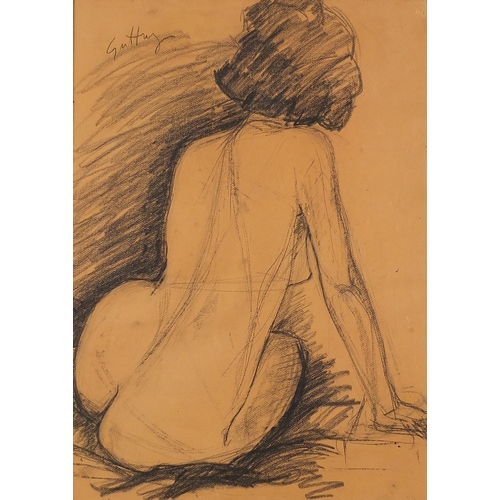 1221 - Seated nude female, Italian school charcoal/conte crayon on buff paper, framed and glazed, 61.5cm x ... 