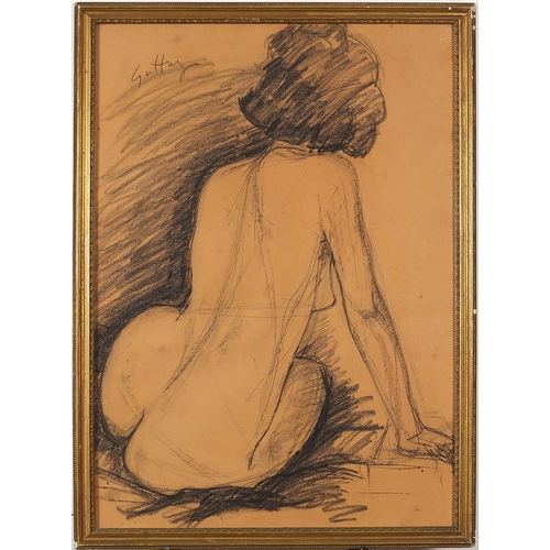 1221 - Seated nude female, Italian school charcoal/conte crayon on buff paper, framed and glazed, 61.5cm x ... 