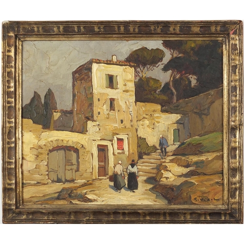 134 - Georges Vidal - Figures before a continental villa, oil on canvas, indistinctly inscribed verso, mou... 