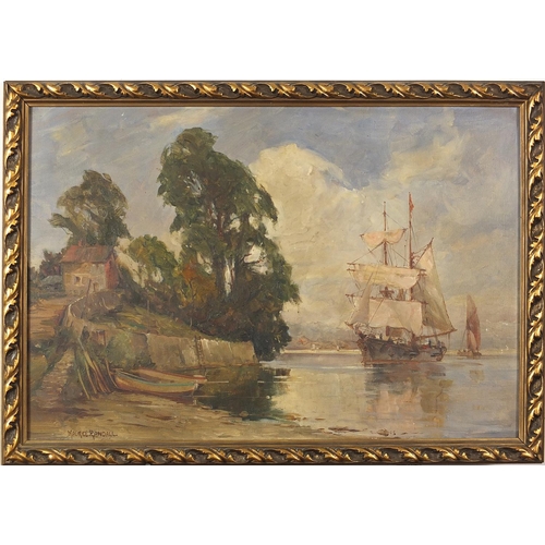 615 - Maurice Randall - Harbour scene with ships, late 19th/early 20th century oil on board, label verso, ... 