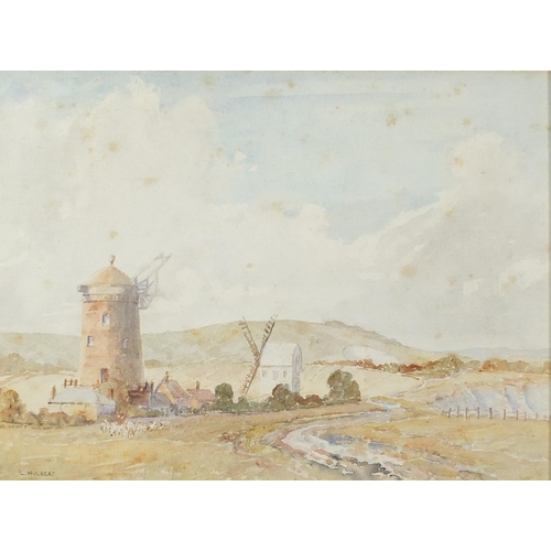 573 - L Hulbert - Windmills before hills and Shepherd with sheep, pair of watercolours, mounted, framed an... 