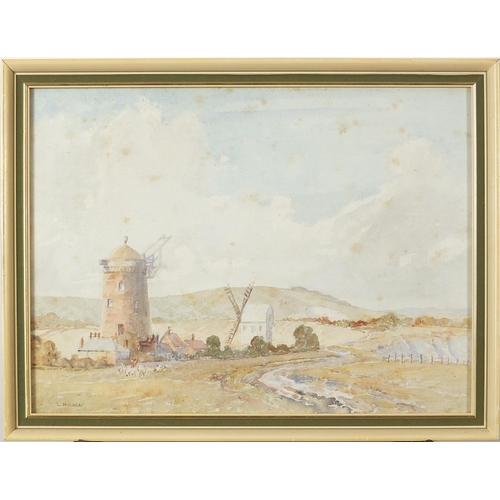 573 - L Hulbert - Windmills before hills and Shepherd with sheep, pair of watercolours, mounted, framed an... 