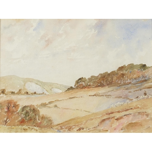 573 - L Hulbert - Windmills before hills and Shepherd with sheep, pair of watercolours, mounted, framed an... 