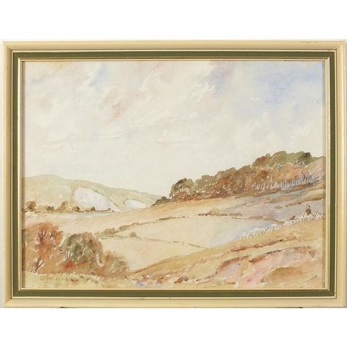 573 - L Hulbert - Windmills before hills and Shepherd with sheep, pair of watercolours, mounted, framed an... 