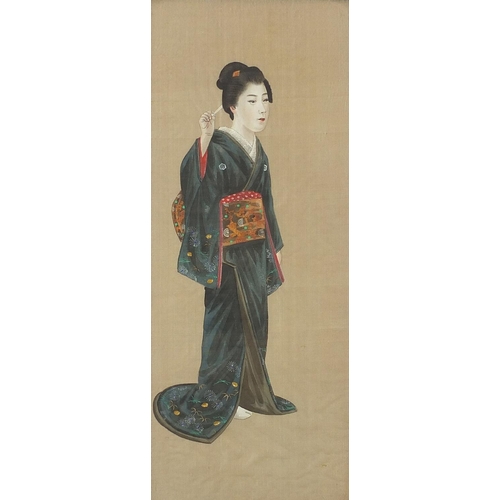 1146 - Females wearing kimonos, pair of Japanese watercolours on silk, framed and glazed, each 39cm x 15.5c... 