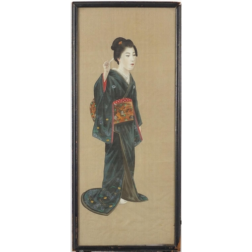 1146 - Females wearing kimonos, pair of Japanese watercolours on silk, framed and glazed, each 39cm x 15.5c... 