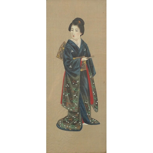 1146 - Females wearing kimonos, pair of Japanese watercolours on silk, framed and glazed, each 39cm x 15.5c... 