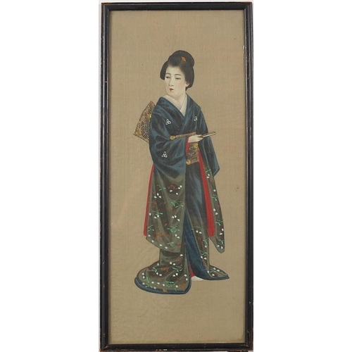 1146 - Females wearing kimonos, pair of Japanese watercolours on silk, framed and glazed, each 39cm x 15.5c... 